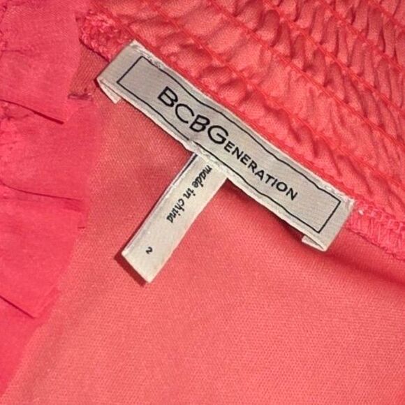 BCBGeneration Off the Shoulder Belted Ruffle Mini Dress - Coral (Size 2) - Picture 7 of 8
